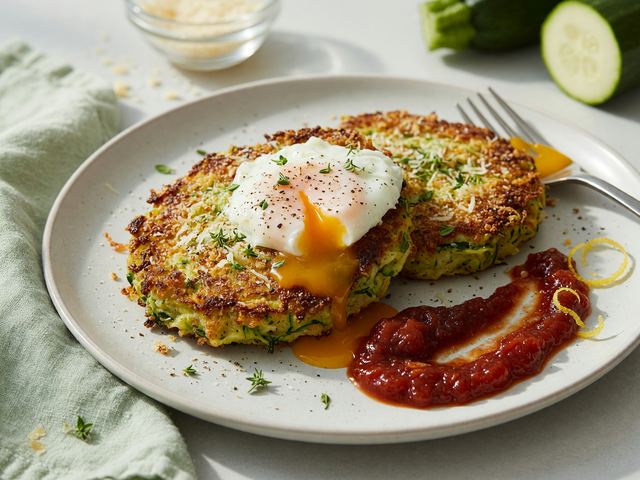 Crispy Smashed Zucchini Breakfast Cakes with Soft Eggs & Tomato Jam
