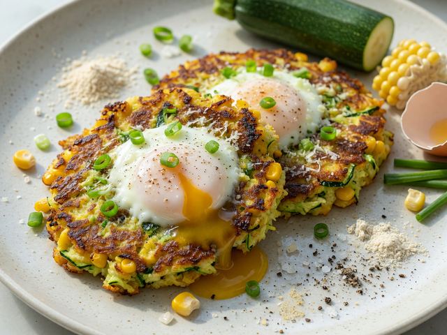 Crispy Smashed Zucchini Corn Cakes with Soft Eggs