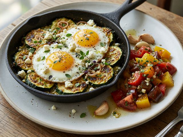 Crispy Smashed Zucchini Egg Skillet with Heirloom Tomato Relish