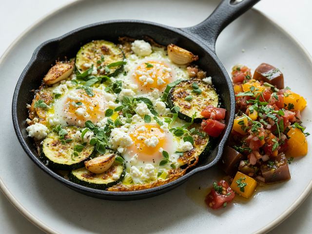 Crispy Smashed Zucchini Egg Skillet with Heirloom Tomato Relish