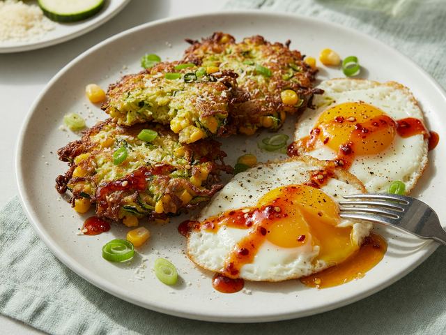 Crispy Zucchini-Corn Breakfast Fritters with Hot Honey Eggs