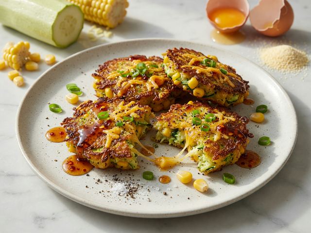 Crispy Zucchini-Corn Breakfast Fritters with Hot Honey