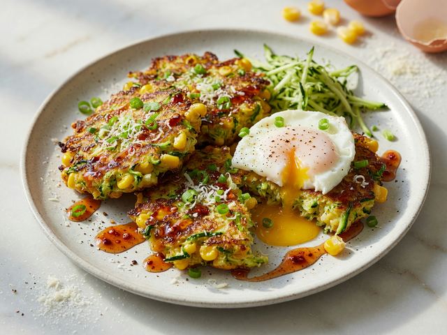 Crispy Zucchini-Corn Breakfast Fritters with Soft Eggs & Hot Honey