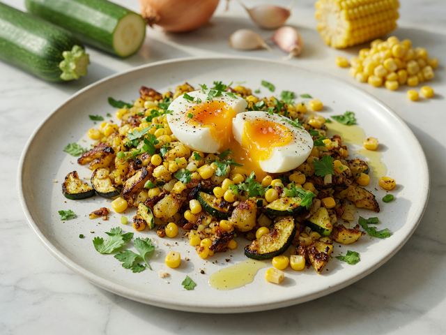 Crispy Zucchini-Corn Breakfast Hash with Jammy Eggs