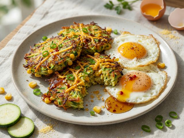 Crispy Zucchini-Corn Fritters with Fried Eggs & Hot Honey