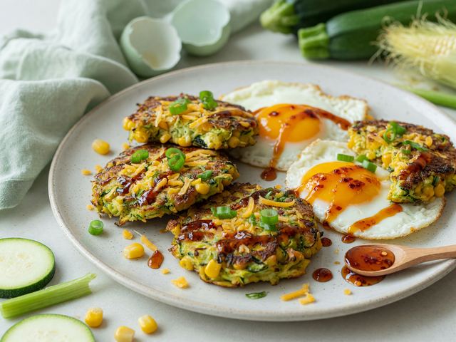 Crispy Zucchini-Corn Fritters with Fried Eggs & Hot Honey