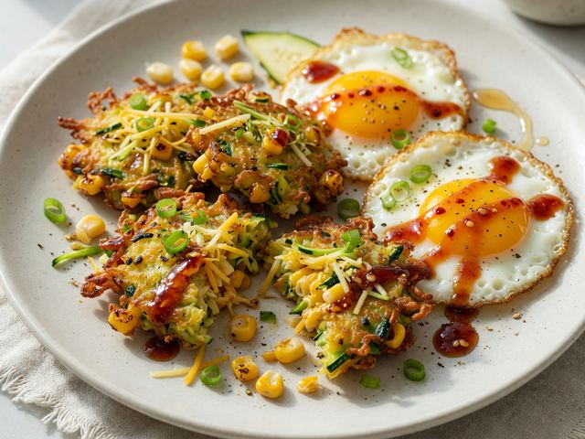 Crispy Zucchini-Corn Fritters with Hot-Honey Eggs