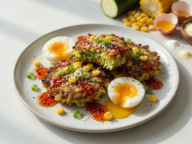 Crispy Zucchini-Corn Fritters with Hot Honey & Soft Eggs