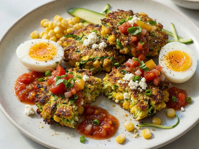 Crispy Zucchini-Corn Fritters with Jammy Eggs & Tomato Relish