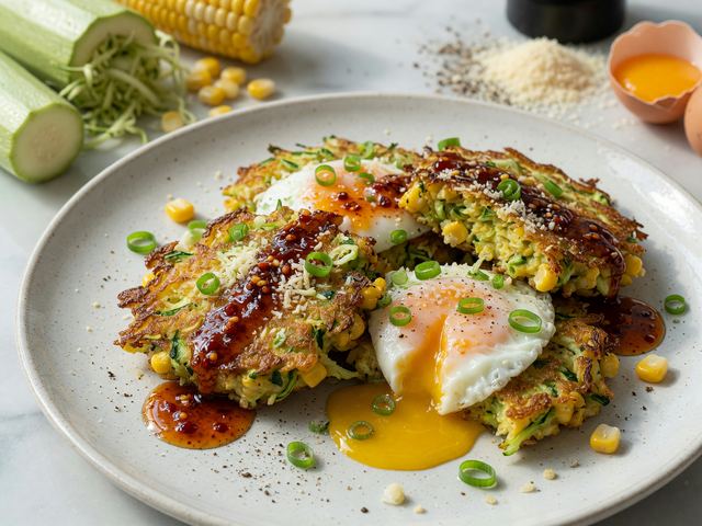 Crispy Zucchini-Corn Fritters with Soft Eggs & Hot Honey