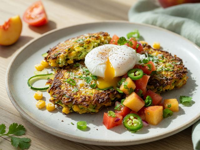Crispy Zucchini-Corn Fritters with Soft Eggs & Peach Pico