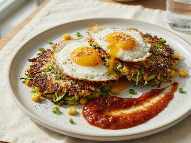 Crispy Zucchini-Corn Hash Browns with Fried Eggs & Tomato Jam