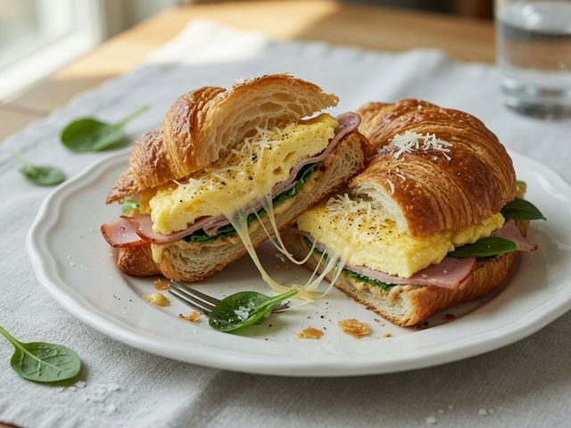 Croissant Breakfast Sandwiches with Scrambled Eggs and Gruyère