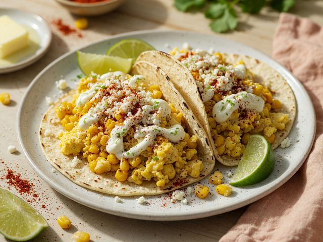 Elote Breakfast Scramble Tacos with Cotija and Lime Crema