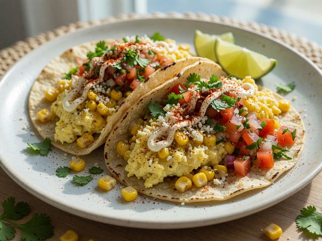 Elote Breakfast Tacos with Soft Scramble & Heirloom Pico