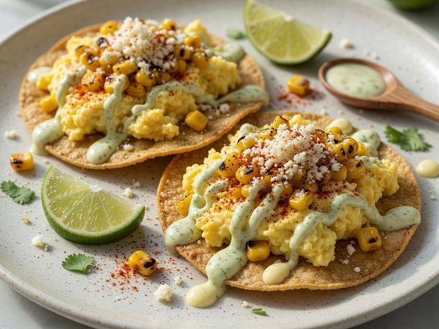 Elote Breakfast Tostadas with Soft Scrambled Eggs & Lime Crema