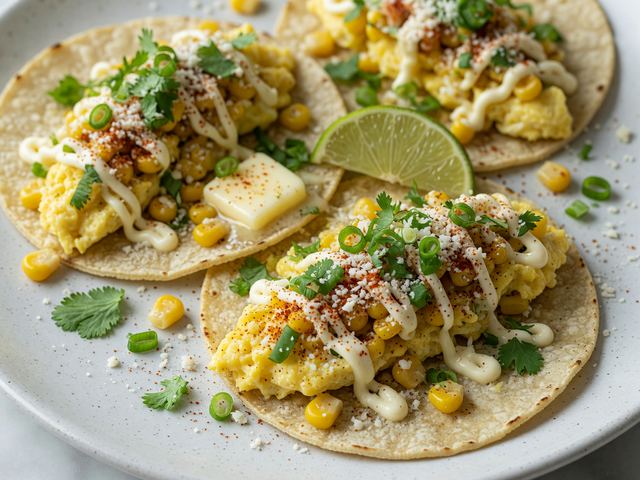 Elote-Inspired Fresh Corn Breakfast Tacos with Soft Eggs