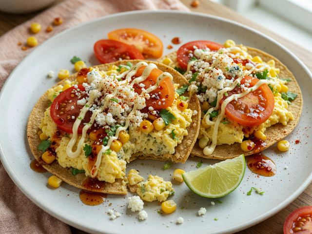 Elote Soft-Scramble Breakfast Tostadas with Hot Honey