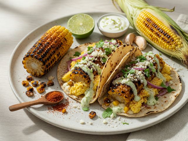 Elote-Spiced Charred Corn Breakfast Tacos with Lime Crema