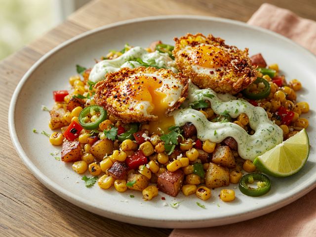 Elote-Spiced Corn Hash with Crispy Chili Eggs & Lime Crema