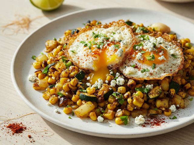 Elote-Spiced Corn & Zucchini Breakfast Hash with Crispy Eggs