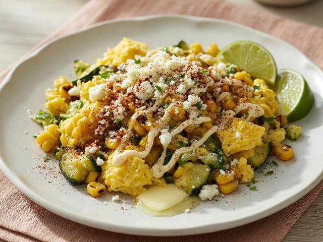 Elote-Spiced Corn & Zucchini Breakfast Scramble