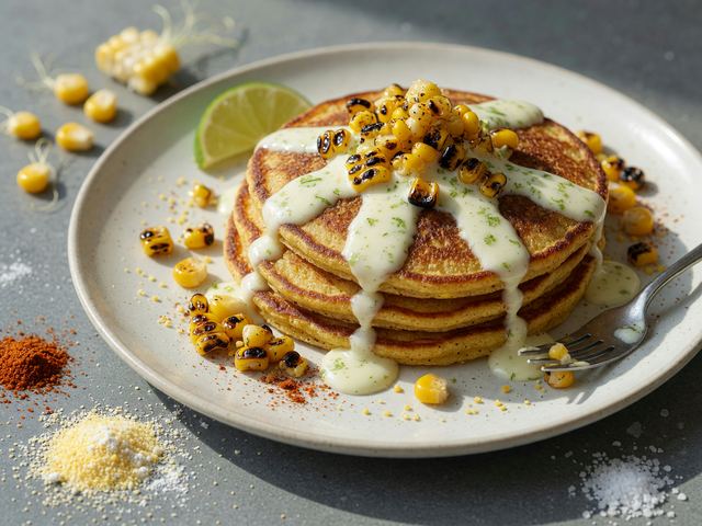 Elote-Spiced Cornmeal Pancakes with Lime Crema & Charred Corn
