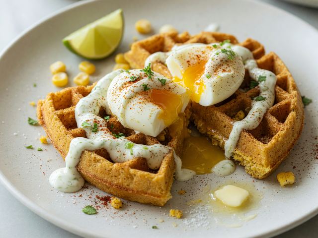 Elote-Spiced Cornmeal Waffles with Lime Crema & Soft Eggs