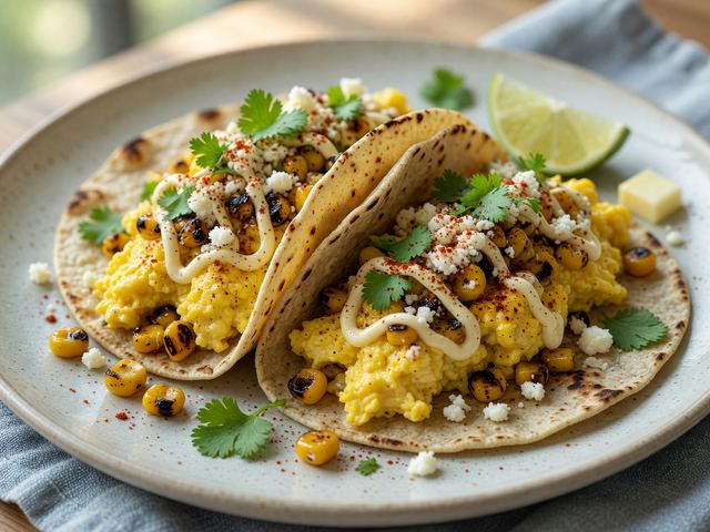 Elote-Spiced Scrambled Egg Breakfast Tacos with Charred Corn