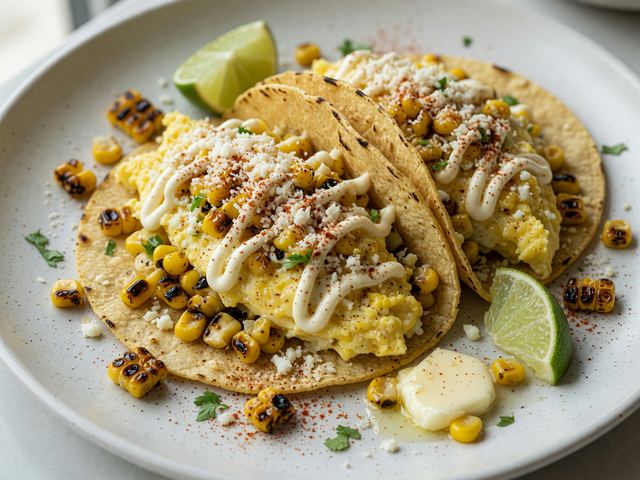 Elote-Spiced Soft Egg Breakfast Tacos with Charred Corn
