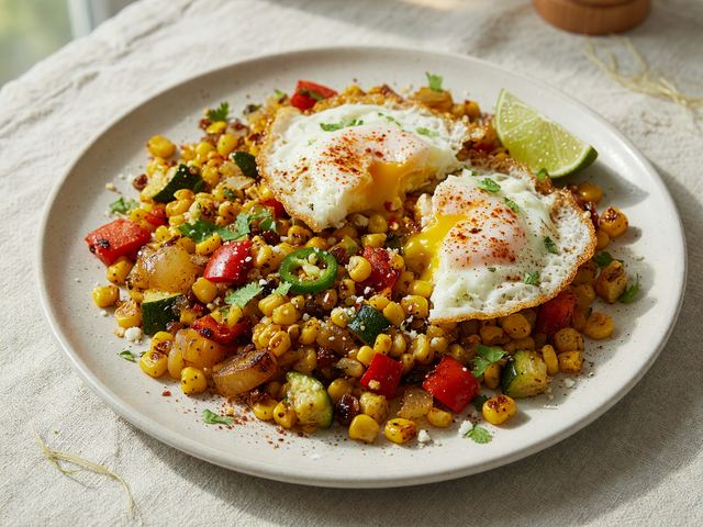 Elote-Spiced Sweet Corn Breakfast Hash with Crispy Eggs