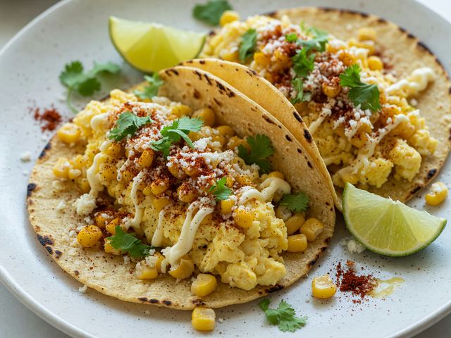 Elote-Spiced Sweet Corn Breakfast Tacos with Scrambled Eggs