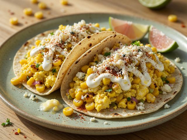 Elote-Style Fresh Corn Scramble Breakfast Tacos