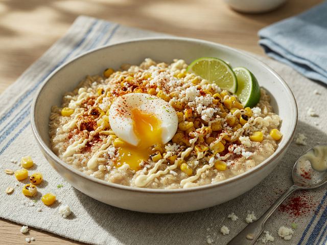 Elote-Style Savory Oat Bowls with Soft-Boiled Eggs & Cotija