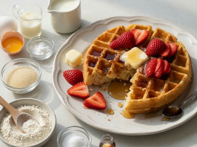 Fluffy Belgian Waffles with Strawberries & Maple Butter