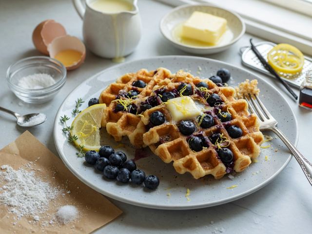 Fluffy Blueberry Buttermilk Waffles with Lemon Zest