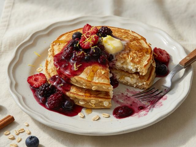 Fluffy Cottage Cheese Protein Pancakes with Maple Berry Compote