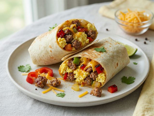 Freezer-Batch Sausage Egg & Pepper Breakfast Burritos