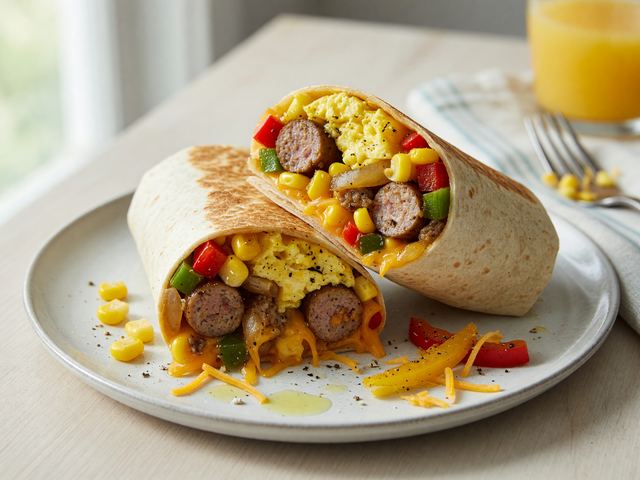 Freezer-Batch Sausage Egg Sweet Corn Breakfast Burritos