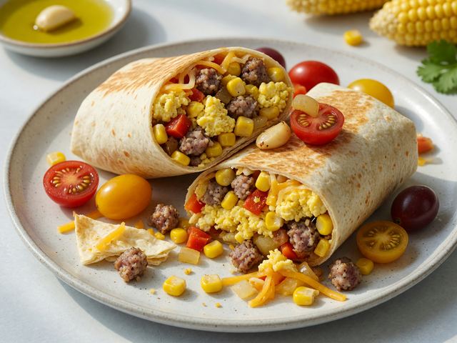 Freezer Batch Sweet Corn Sausage Breakfast Burritos