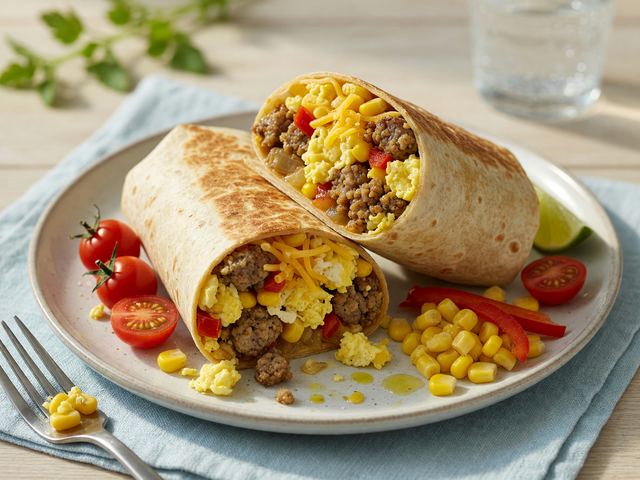 Freezer-Batch Sweet Corn Sausage Breakfast Burritos