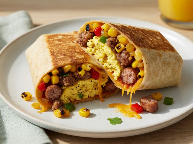 Freezer-Friendly Charred Corn Egg & Sausage Breakfast Burritos
