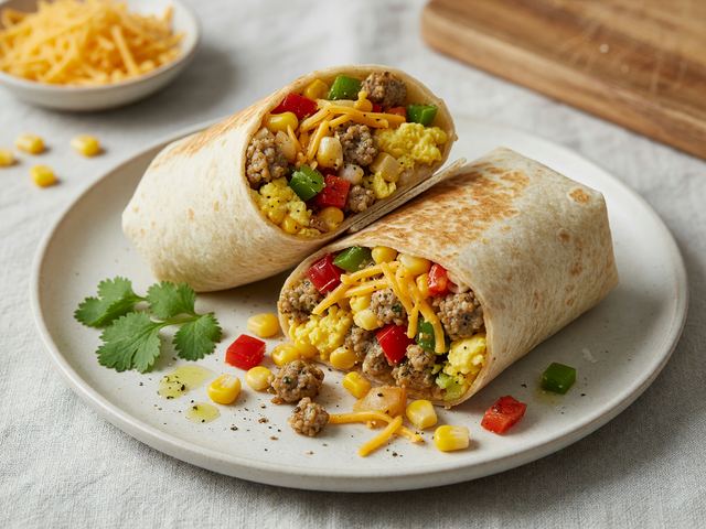Freezer-Friendly Sausage Egg Pepper & Sweet Corn Breakfast Burritos