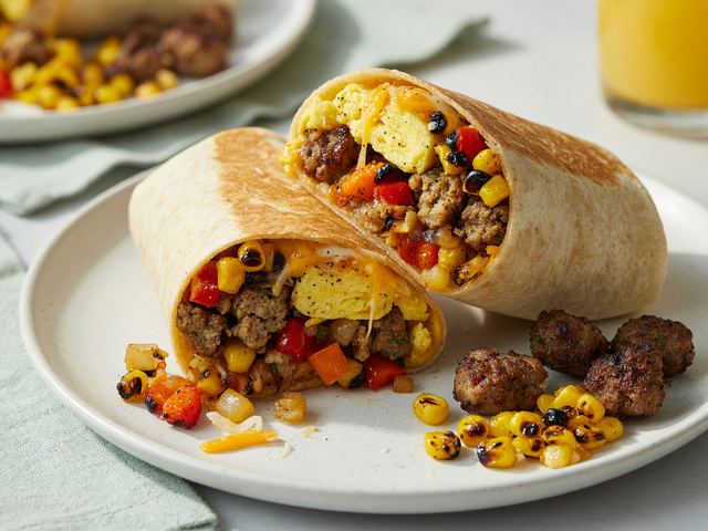 Freezer Sausage-Egg Breakfast Burritos with Charred Corn & Peppers