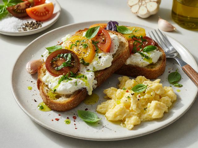 Garlic Heirloom Tomato Burrata Toasts with Soft Scrambled Eggs
