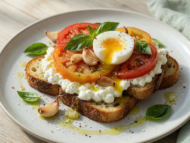 Garlic Heirloom Tomato Toast with Whipped Cottage Cheese & Soft Eggs