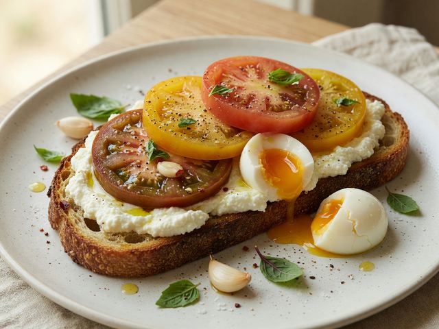 Garlic Heirloom Tomato Toast with Whipped Ricotta & Jammy Eggs