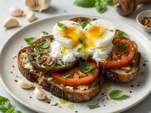 Garlic-Rubbed Heirloom Tomato Toast with Burrata & Soft Eggs