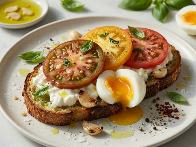Garlicky Heirloom Tomato Burrata Toast with Jammy Eggs