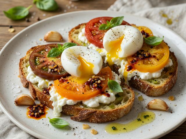 Garlicky Heirloom Tomato Burrata Toast with Soft Eggs